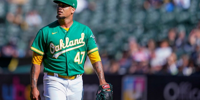Oakland Athletics' Frankie Montas walks to the dugout after pitching against the Detroit Tigers during the third inning in Oakland, Calif., on July 21, 2022.