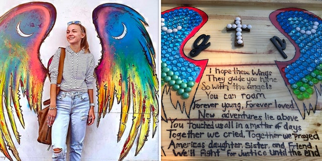 Right: Handmade artwork dedicated to Gabby Petito was placed at a makeshift memorial in her honor in North Port, Florida.