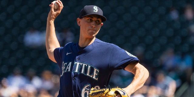 Seattle Mariners starter George Kirby delivers a pitch during the second inning of a baseball game against the Washington Nationals, Wednesday, Aug. 24, 2022, in Seattle.