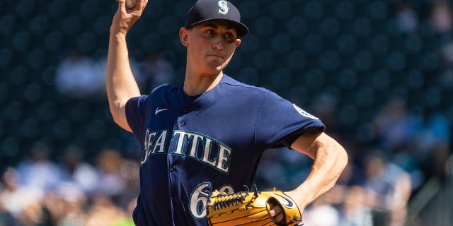 Seattle Mariners starter George Kirby delivers a pitch during the second inning of a baseball game against the Washington Nationals, Wednesday, Aug. 24, 2022, in Seattle.