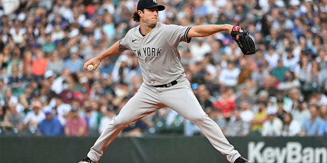 Gerrit Cole of the New York Yankees pitches in the first inning against the Seattle Mariners at T-Mobile Park Aug. 9, 2022, in Seattle. 