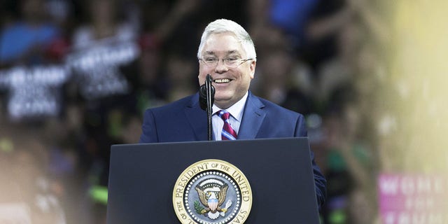 West Virginia Attorney General Patrick Morrisey during a rally with President Donald Trump, not pictured, in Charleston, West Virginia, Tuesday, Aug. 21, 2018.