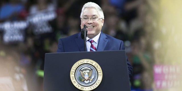 West Virginia Attorney General Patrick Morrisey during a rally with President Donald Trump, not pictured, in Charleston, West Virginia, on Tuesday, Aug. 21, 2018.