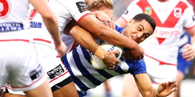 Michael Lichaa of the Bulldogs is tackled during a round 24 NRL match between the St. George Illawarra Dragons and the Canterbury Bulldogs at UOW Jubilee Oval Aug. 26, 2018, in Sydney, Australia.