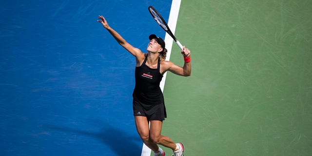 Angelique Kerber of Germany in action against Johanna Larsson of Sweden in the Women's Singles round two match on Arthur Ashe Stadium at the 2018 US Open Tennis Tournament at the USTA Billie Jean King National Tennis Center on August 30th, 2018 in Flushing, Queens, New York City.  