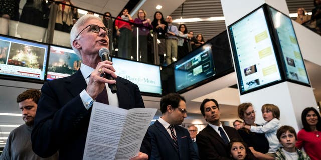 Washington Post publisher Fred Ryan speaks during a 2019 Pulitzer Prize announcement ceremony in the newsroom at the Washington Post office on Monday, April 15, 2019 in Washington, DC. 