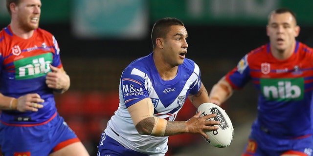 Michael Lichaa of the Canterbury Bulldogs runs the ball during a round 17 NRL match against the Newcastle Knights at McDonald Jones Stadium July 12, 2019, in Newcastle, Australia. 