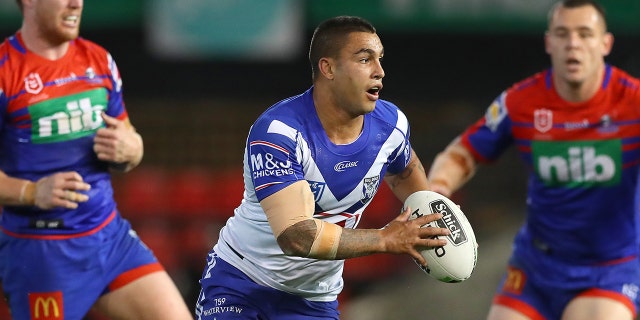 Michael Lichaa of the Canterbury Bulldogs runs the ball during a round 17 NRL match against the Newcastle Knights at McDonald Jones Stadium July 12, 2019, in Newcastle, Australia.