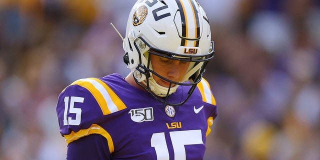 Myles Brennan of the LSU Tigers reacts during a game against the Northwestern State Demons at Tiger Stadium on Sept. 14, 2019, in Baton Rouge, Louisiana.