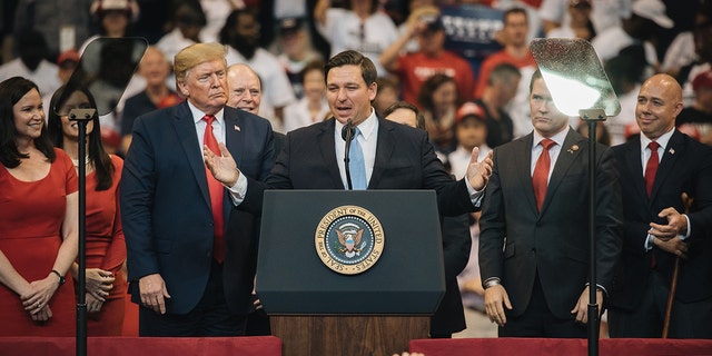 Florida Gov.  Ron DeSantis speaks during a President Donald Trump 'Homecoming' rally in Sunrise, Florida, on Nov.  26, 2019.