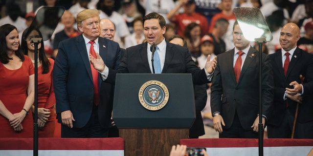 Florida Governor Ron DeSantis speaks at President Donald Trump's 