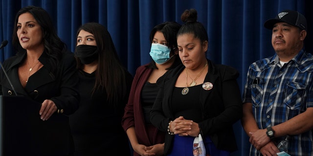 From left, attorney of Guillen family Natalie Khawam, Vanessa Guillen's sister Myra Guillen, Vanessa's sister Lupe Guillen, Vanessa's mother Gloria Guillen, and Vanessa's father Rogelio Guillen, attend a press conference regarding the murder of Vanessa Guillen on December 8, 2020, in Houston, Texas.