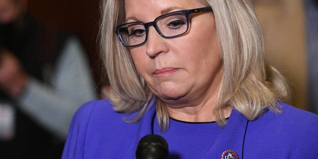 US Representative Liz Cheney, Republican of Wyoming, speaks to the media at the US Capitol in Washington, DC, on May 12, 2021. - House Republicans vote Wednesday on ousting anti-Trump conservative Cheney from her leadership role will almost certainly confirm that the party out of power in Washington is casting its lot with the former US President. (Photo by MANDEL NGAN / AFP) (Photo by MANDEL NGAN/AFP via Getty Images)