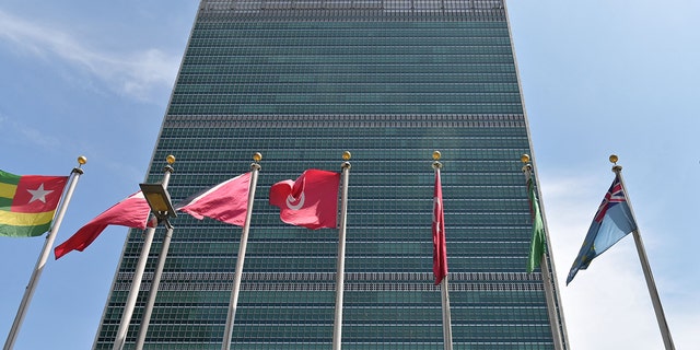 Banderas fuera de la sede de las Naciones Unidas el 20 de mayo de 2021 en la ciudad de Nueva York. 
