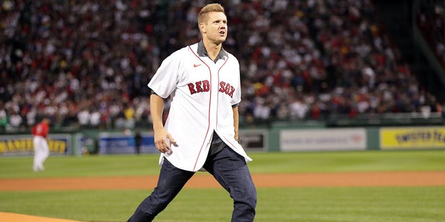 Former Boston Red Sox pitcher Jonathan Papelbon throws out the ceremonial first pitch prior to Game 3 of the ALCS between the Houston Astros and Red Sox at Fenway Park Oct. 18, 2021, in Boston. 