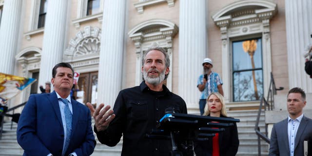 Pastor Mike McClure, from Calvary Chapel, speaks during a press conference outside of Santa Clara Superior Court in downtown San Jose, California, Dec. 8, 2020.