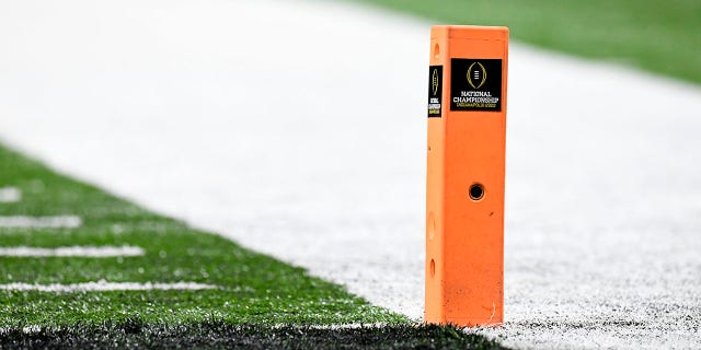 An end zone pylon displays the National Championship logo during the Alabama Crimson Tide against the Georgia Bulldogs in the College Football National Championship on January 10, 2022 at Lucas Oil Stadium in Indianapolis, IN. 