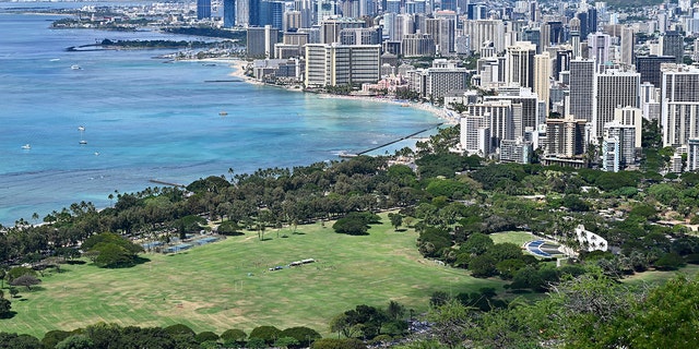 A general view shows Waikiki and Honolulu, Hawaii, from the Diamond Head crater on February 20, 2022. 