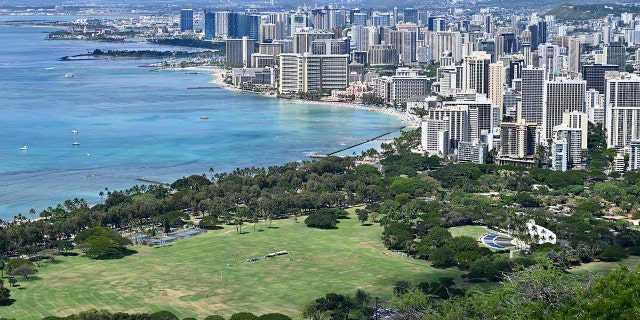 A general view shows Waikiki and Honolulu, Hawaii, from the Diamond Head crater on February 20, 2022.