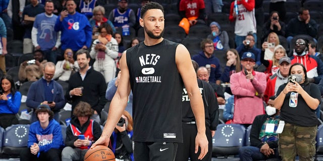 Ben Simmons of the Brooklyn Nets warms up before a game against the Philadelphia 76ers March 10, 2022, at Wells Fargo Center in Philadelphia. 