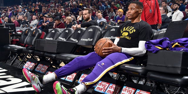 Russell Westbrook of the Los Angeles Lakers before a game against the Cleveland Cavaliers March 21, 2022 at Rocket Mortgage FieldHouse in Cleveland.  