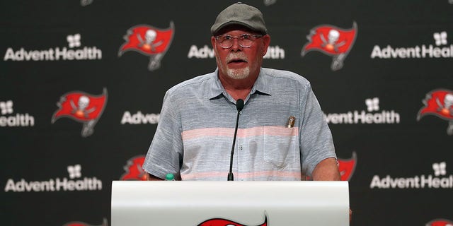 Former head coach Bruce Arians addresses the media during a press conference with newly named head coach Todd Bowles (not shown) at AdventHealth Training Center in Tampa, Florida, on March 31, 2022.