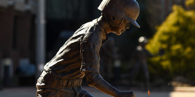 The second base statue is part of the Bases Loaded sculpture in downtown Williamsport, Pennsylvania, Feb. 23, 2022.