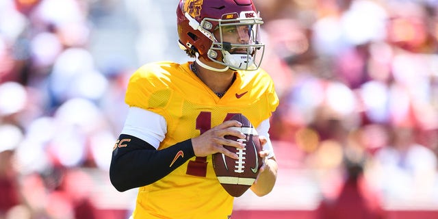 USC Trojans quarterback Caleb Williams returns to pass during the Spring Game at the Los Angeles Memorial Coliseum on April 23, 2022 in Los Angeles.