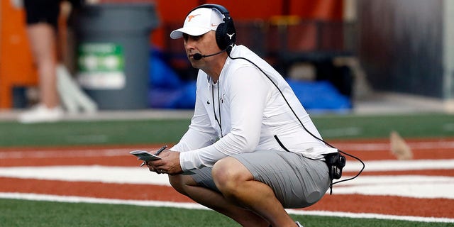 Longhorns head coach Steve Sarkisian looks on during the spring game on April 23, 2022, in Austin, Texas.