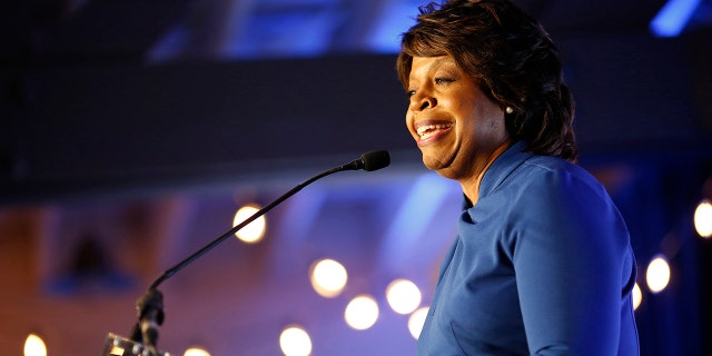 Senate candidate Cheri Beasley reacts as she speaks during the North Carolina Democratic Party's election night party at The Dock at Seabord Station in Raleigh, N.C., May 17, 2022. 