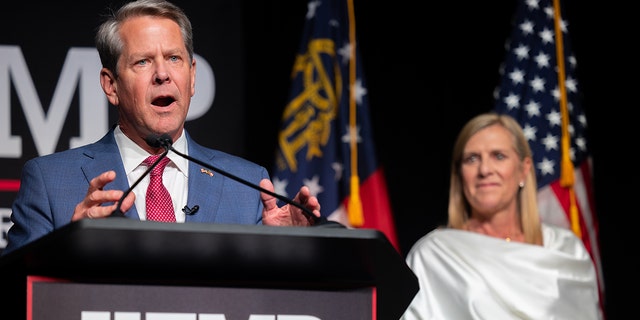 Governor Brian Kemp (R-GA) speaks at an election night party after winning the Republican gubernatorial re-nomination.