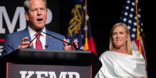 Governor Brian Kemp, R-GA, speaks during an election night party after winning renomination to be the Republican candidate for Governor.