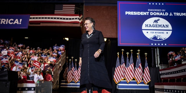 Republican Wyoming congressional candidate Harriet Hageman with former President Donald Trump at a rally on May 28, 2022 in Casper, Wyoming.  