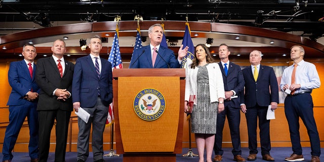 House Minority Leader Kevin McCarthy, alongside Republican House leadership, holds a press conference on Capitol Hill in Washington, D.C., June 9, 2022.