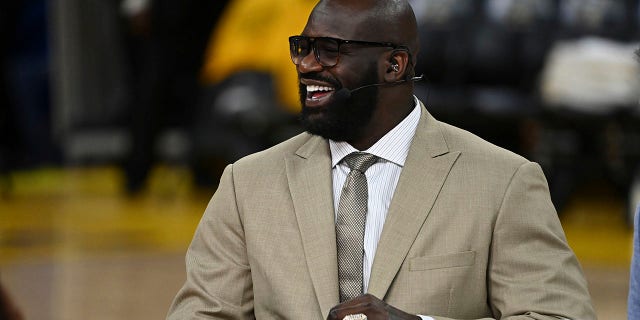 TNT analyst Shaquille O'Neal smiles prior to Game 2 of the NBA Finals between the Golden State Warriors and Boston Celtics at Chase Center in San Francisco on June 5, 2022.