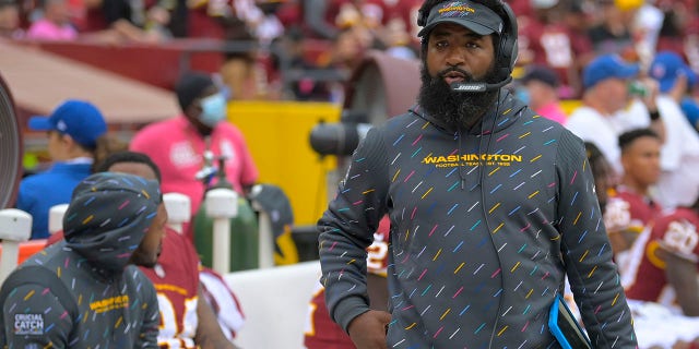 Washington Football Team defensive line coach Sam Mills III during the New Orleans Saints game at FedEx Field on Oct. 10, 2021.