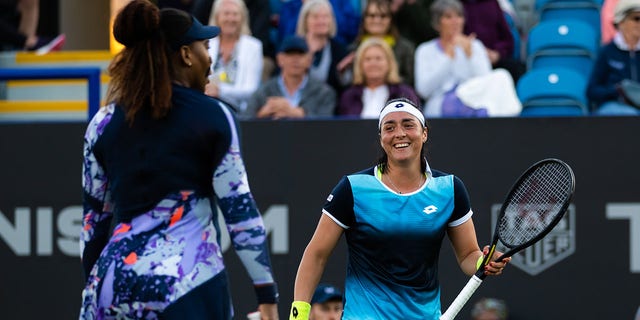 Serena Williams of the United States and Ons Jabeur of Tunisia in action against Hao-Ching Chan of Chinese Taipei and Shuko Aoyama of Japan in their doubles quarterfinal match at the Rothesay International at Devonshire Park June 22, 2022, in Eastbourne, England.