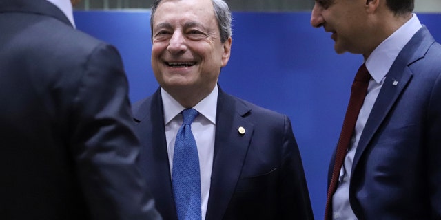 Mario Draghi, Italy's then prime minister, left, and Kyriakos Mitsotakis, Greece's prime minister, on day two of the European Union (EU) leaders summit at the European Council headquarters in Brussels, Belgium, on Friday, June 24, 2022. European Union leaders are preparing for a further reduction in gas supplies from Russia, seeking ways to cushion the effects of the unprecedented crisis, as well as a surge in energy prices, on the region's economy. (Valeria Mongelli/Bloomberg via Getty Images)