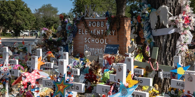 The memorial for the massacre at Robb Elementary School on June 24, 2022, in Uvalde, Texas.