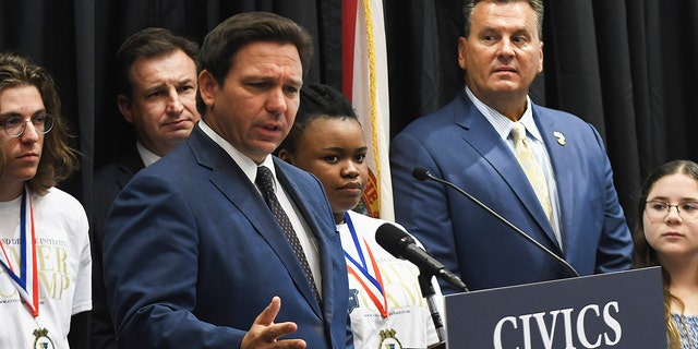 Florida Gov. Ron DeSantis speaks at a press conference to discuss Florida's civics education initiative of unbiased history teachings at Crooms Academy of Information Technology in Sanford. 