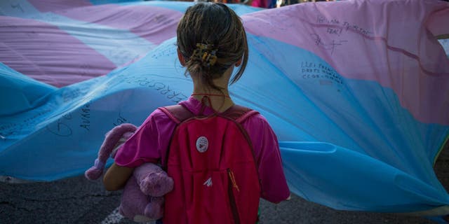 A girl holds the Transgender Pride flag in Madrid, Spain.