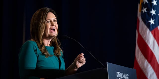 Sarah Huckabee Sanders, former White House press secretary, speaks during the America First Policy Institute's America First Agenda Summit in Washington, D.C., US, on Tuesday, July 26, 2022.