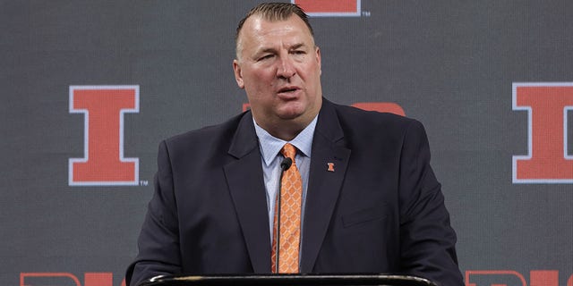 Head coach Brett Bilima of the Illinois Fighting Illinois speaks during the Big Ten Days of Football 2022 Conference at Lucas Oil Stadium on July 27, 2022 in Indianapolis, Indiana. 