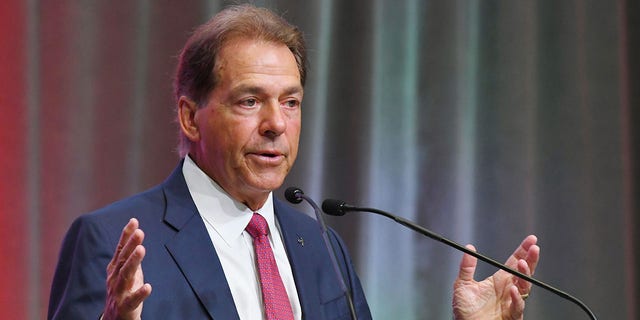 Alabama Crimson Tide head coach Nick Saban addresses the media during the SEC Football Release Media Days on July 19, 2022, at the College Football Hall of Fame in Atlanta .