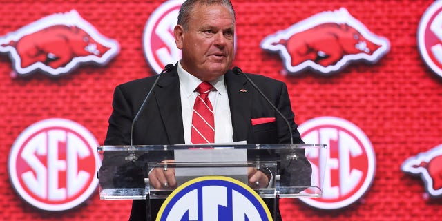 Arkansas Razorbacks Head Coach Sam Pittman addresses the media during the SEC Football Kickoff Media Days on July 20, 2022, at the College Football Hall of Fame in Atlanta.