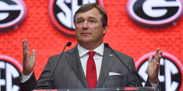 Georgia Bulldogs head coach Kirby Smart addresses the media during the SEC Football Kickoff Media Days at the College Football Hall of Fame in Atlanta on July 20, 2022.