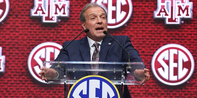 Texas A&amp;amp;M Aggies Head Coach Jimbo Fisher addresses the media during the SEC Football Kickoff Media Days on July 21, 2022, at the College Football Hall of Fame in Atlanta, GA.
