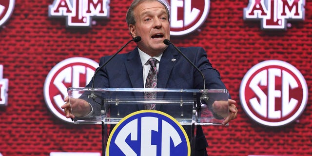 Texas A&amp;amp;M Aggies Head Coach Jimbo Fisher addresses the media during the SEC Football Kickoff Media Days on July 21, 2022, at the College Football Hall of Fame in Atlanta, GA.