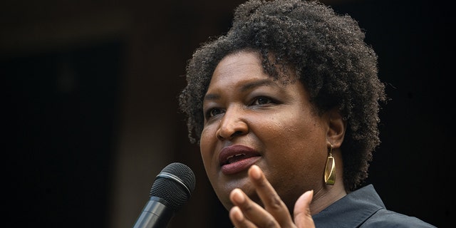 Georgia gubernatorial candidate Stacey Abrams speaks to supporters and members of the Rabun County Democrats group on July 28, 2022 in Clayton, Georgia.