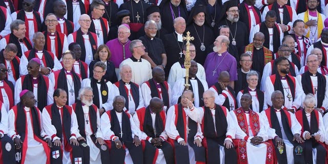 Archbishop of Canterbury Justin Welby (front, 4th from right) with bishops from around the world at University of Kent in Canterbury during a group photo during the 15th Lambeth Conference on July 29, 2022.